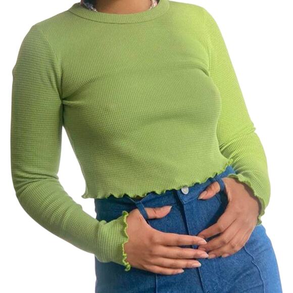 Lisa Says Gah Tops - Lisa Says Gah Lola Long Sleeve Green Cropped Thermal Shirt Size Small
